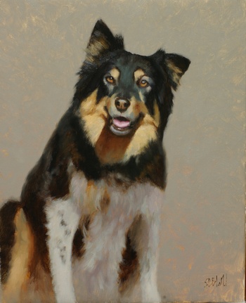 An oil painting of Grace the Australian Shepherd