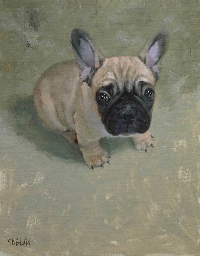 An oil painting of a French bulldog puppy