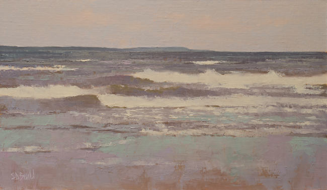 An oil painting of waves breaking on the beach at low tide