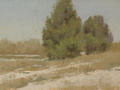 An oil painting of cedars in snow with pale grasses.