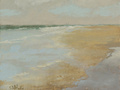 A small painting of a sandy beach at Puget Sound. 