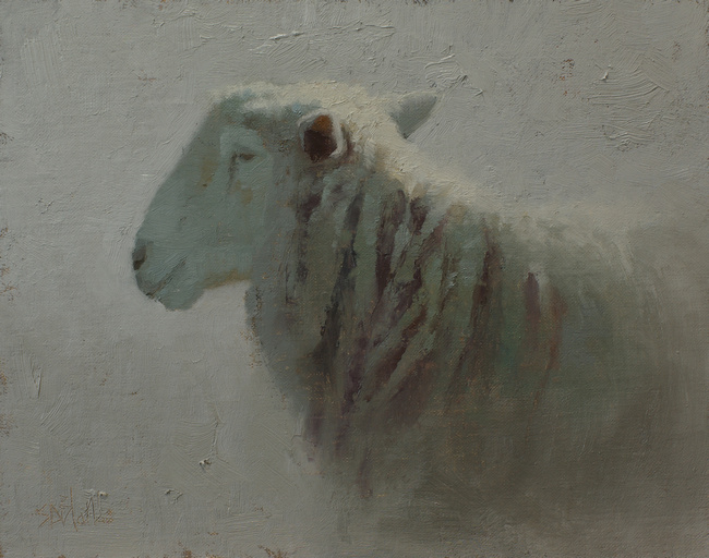 An oil painting of a sheep set in a diffuse gray light by artist Simon Bland
