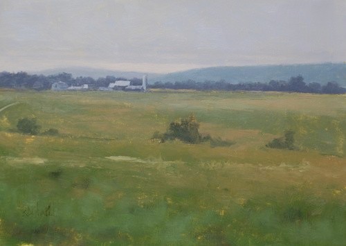 A landscape painting featuring a distant farm with gray sky