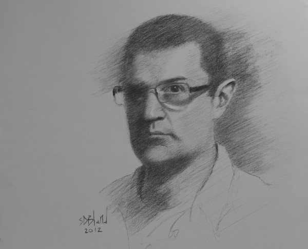 A self portrait in charcoal of artist Simon Bland 