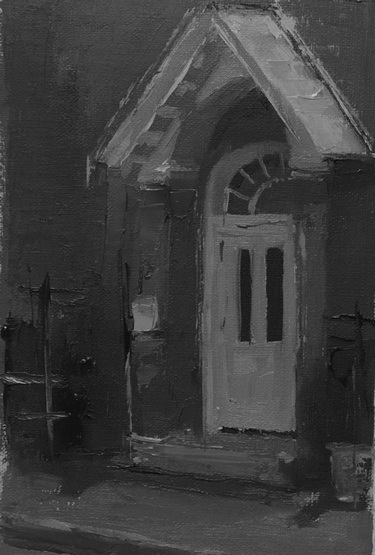 A small sketch of the door of a coffee shop in black and white paint