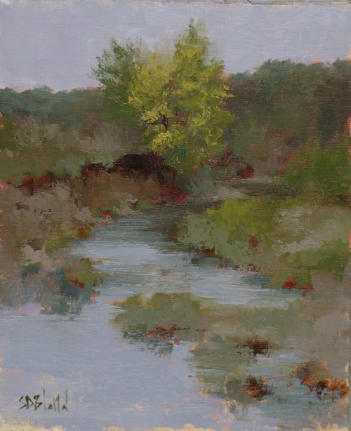 A painting of a creek with dominant yellow bush