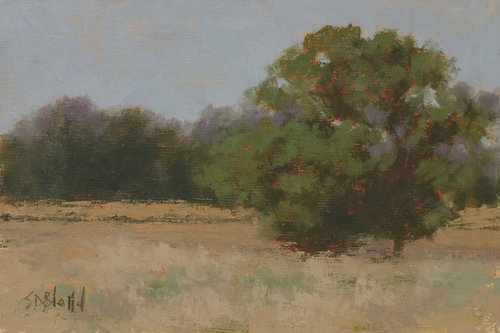 This plein air painting features a field of dry hay, trees and minimally painted fence lines