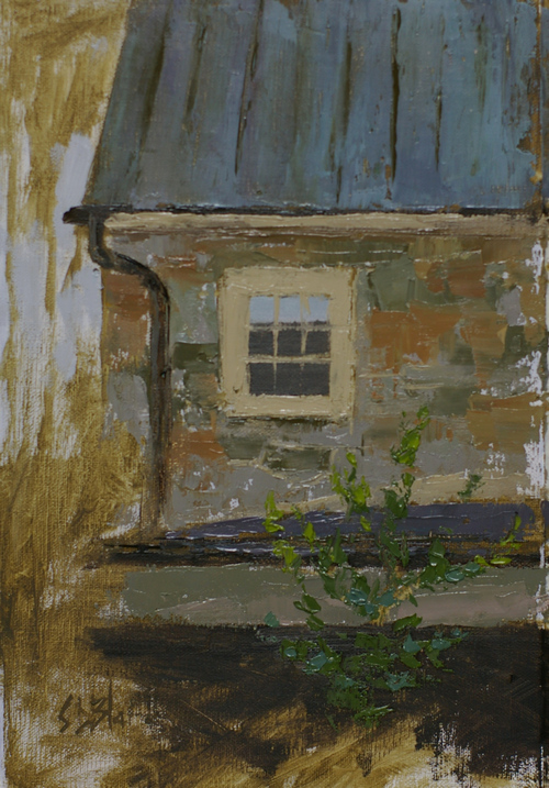 A plein air painting showing part of a stone farm house