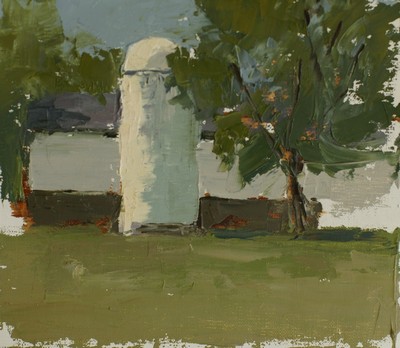 This small plein air painting of a white silo and barn was done mainly with a painting knife.