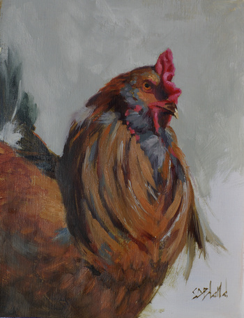 A painting of a rooster in a 3/4 pose with partially unfinished background.