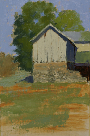 A plein air landscape painting featuring a white barn with a stone foundation set against a backdrop of trees.