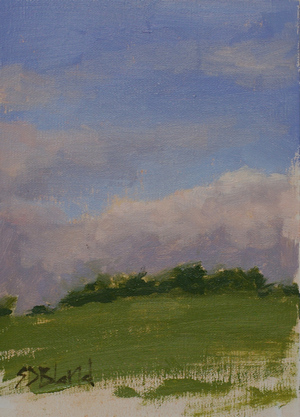 This small plein air landscape shows clouds in a blue sky. The trees and ground are minimally painted.