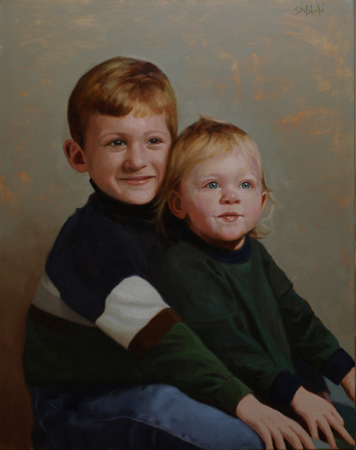 An oil portrait of two children sitting with abstract gray background