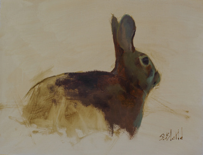 A simple oil painting of a rabbit done with a limited palette and unfinished background.