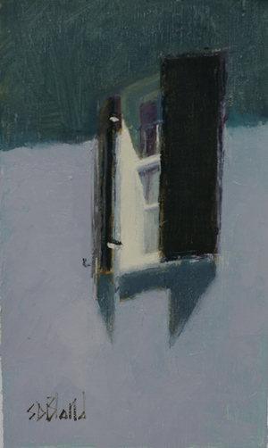 A small painting featuring a window with black shutters on a blue gray wall