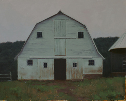 A painting of a white cowshed with open door