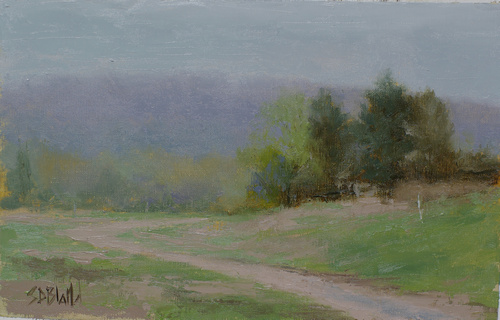 A tonal landscape painting featuring a small stand of trees, a dirt road and distant mountain.