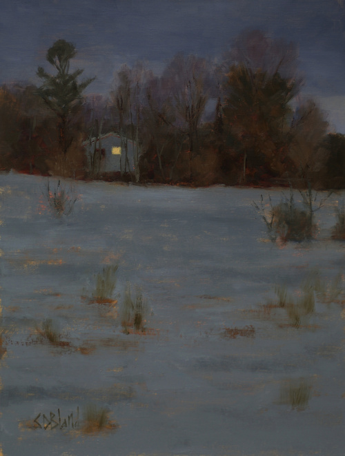 A nocturne painting set in w winter landscape featuring a house with light in the window.