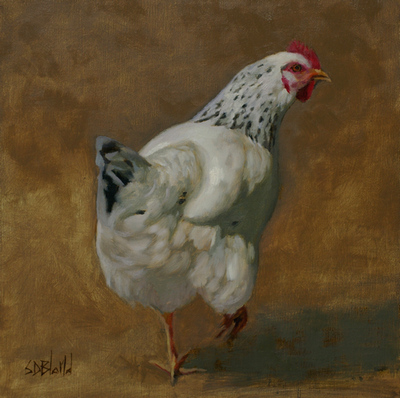 A portrait of a speckled chicken set against an abstract brown gray background