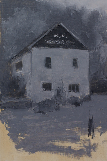 A plein air painting of a barn done with black and white paint.