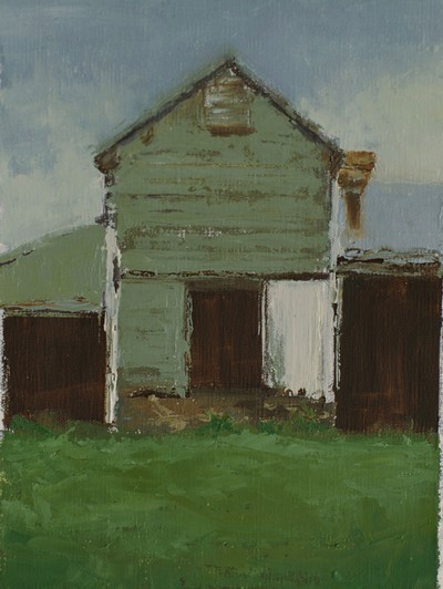 This small plein air painting features gray outbuildings on a farm