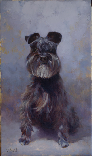 A portrait of a black schnauzer dog with purple-gray abstract background