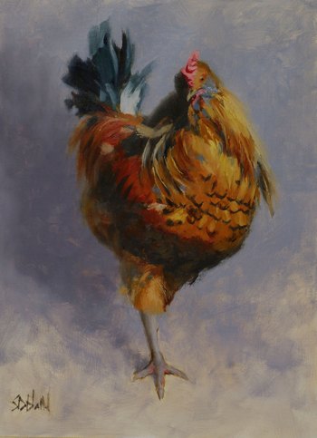 A figurative painting of a young rooster with gray background