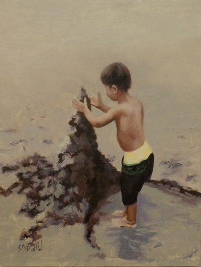 Figurative painting of a child on the beach