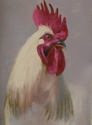 A painting of the head of a white rooster.