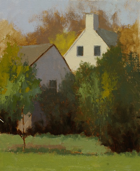 A plein air painting of white houses and trees.