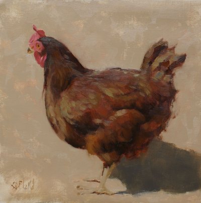 A figurative painting of a chicken set in a warm gray background.
