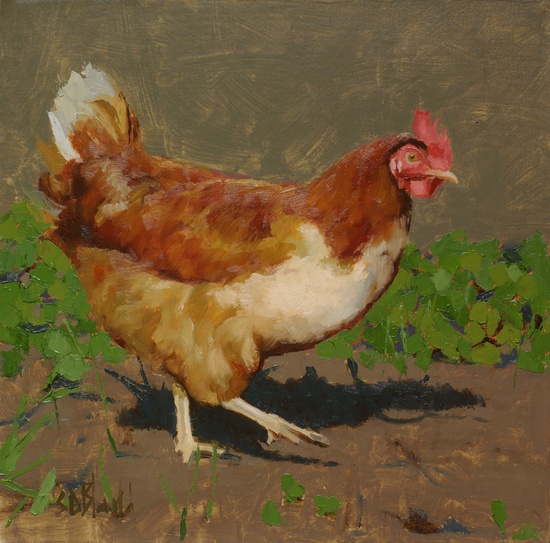 Painting of a chicken with a partially painted landscape background