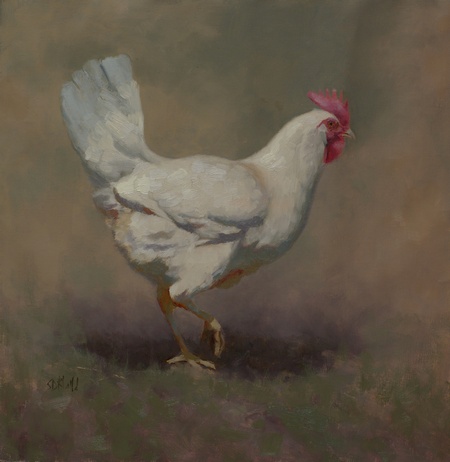 A portrait of a white chicken seen from the side in a brown-gray setting.