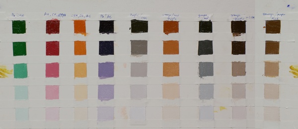 Color chart for a modified Ned Jacob palette - this uses phthalo blue instead of ultramarine