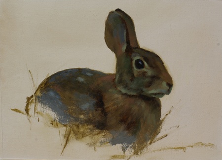 A portrait painting of a rabbit done on toned canvas. The background has been left unpainted.