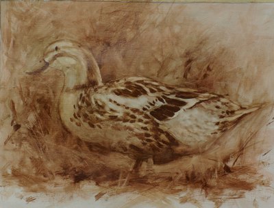 This monochrome oil sketch of a duck is done in transparent paint.