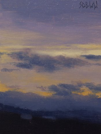 A painting of clouds in the evening sky