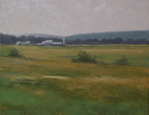 A painting of a distant farm with fields in the foreground.