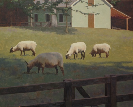 A landscape painting with Clune Forest sheep in a field with trees and a small barn in the background.