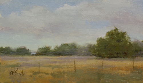 A painting of wheat fields with strong value composition and atmospherics