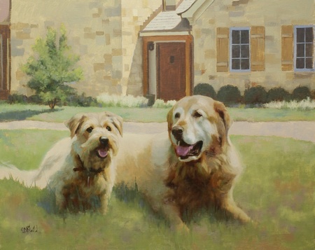 A completed portrait of two dogs lying on the lawn on front of a house.