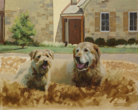 An in-progress look at the portrait of two dogs. At this stage the dogs have been partially painted and the background is being added.