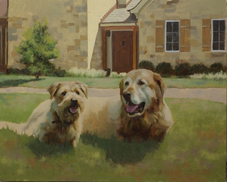 An in-progress look at a portrait of two dogs. At this stage most of the work has been completed and some touching-up remains to be done.