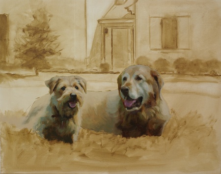 A progress look at a portrait of two dogs. At this stage the main features of the heads have been painted in.