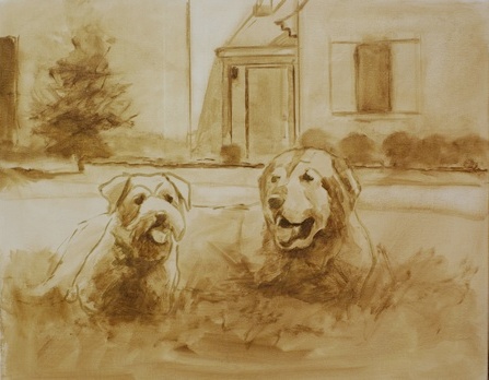 The block in stage of a portrait of two dogs lying in grass in front of a house