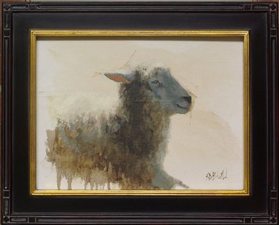 A framed oil painting of a sheep. This painting has an unpainted background. The sheep's fleece is rendered in a semi-abstract way.