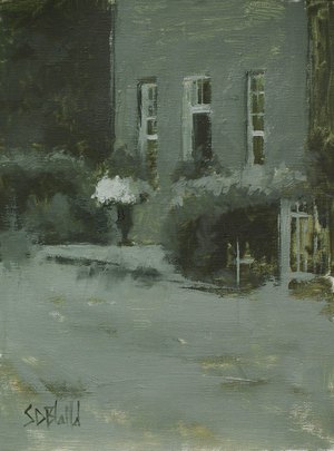 A monochromatic painting of a brick house