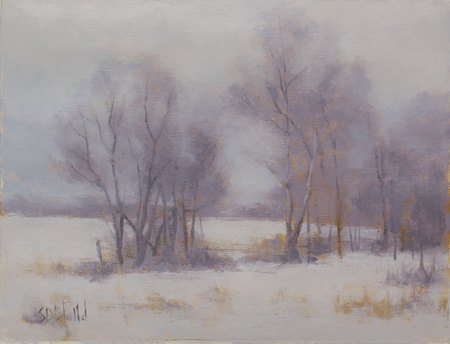 A painting of a snowy landscape with bare trees.