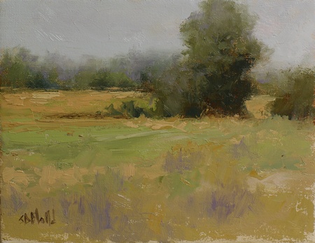 A plein air painting of a rural landscape with a series of tree clusters. There is a strong pattern of colors and loose brushwork in the foreground grasses.