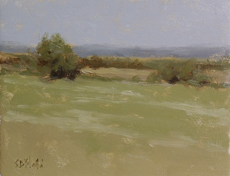 A small studio landscape with minimally painted trees, hedgerows and fields done with a limited palette.